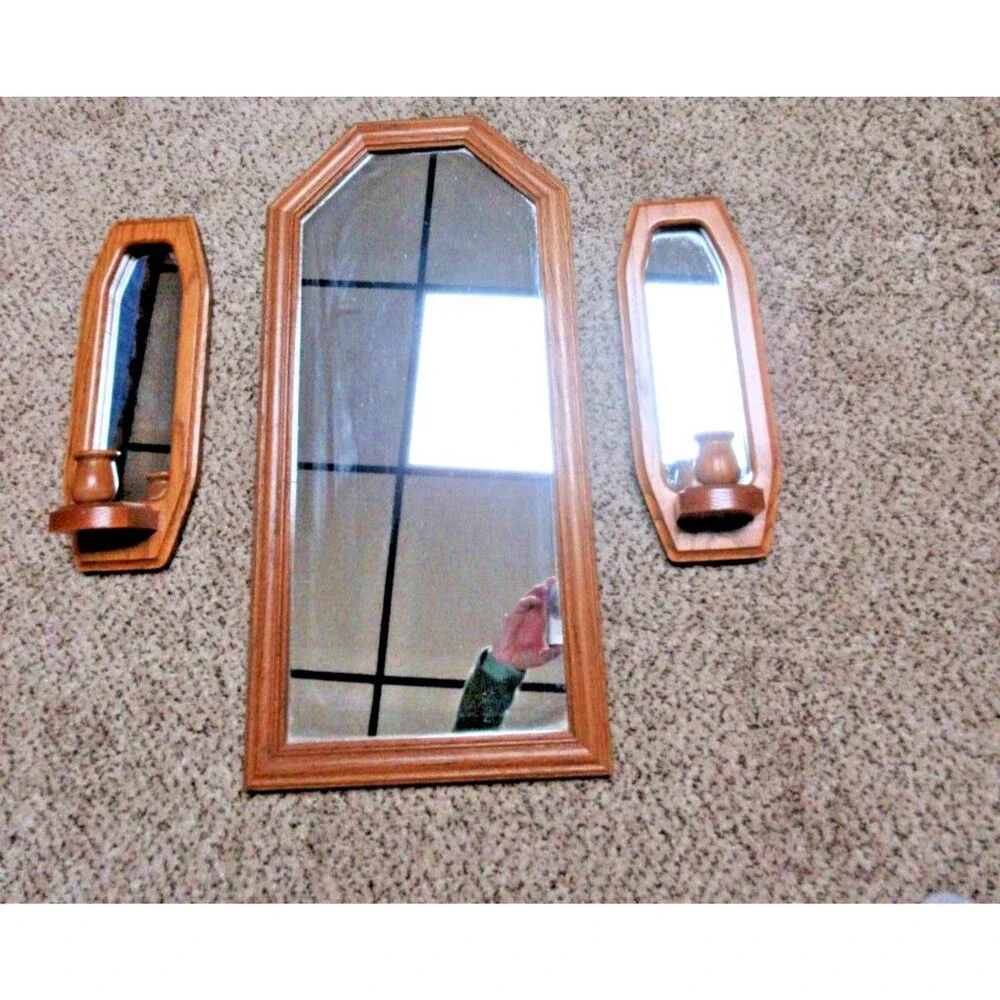 Home Interiors Oak Mirror With 2 Candle Sconces